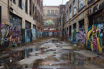 Fototapeta premium A graffiti-covered alleyway in a city, with abandoned buildings on either side, Graffiti-covered alleyways lined with abandoned buildings