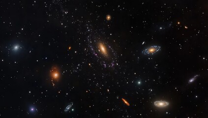 Fototapeta premium Deep space image showing multiple galaxies of varying shapes and sizes, stars, and cosmic dust.