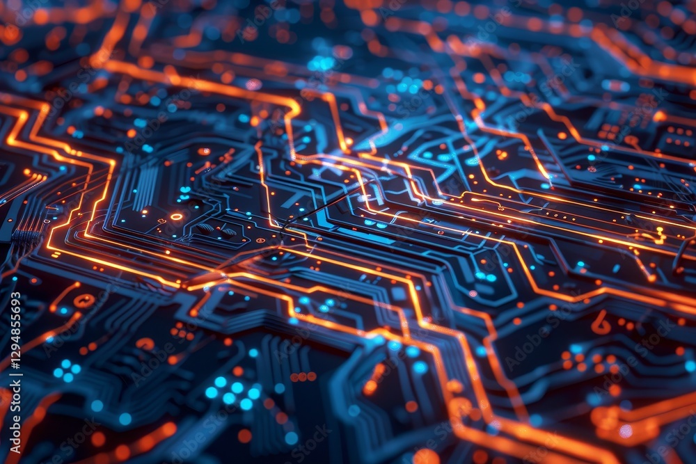 Poster close-up of a circuit board with intricate patterns and glowing topaz accents, intricate circuit boa