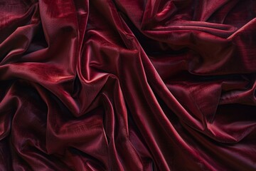 Fototapeta premium A close-up shot of rich red velvet fabric draped in soft folds, Soft, velvety folds of drapery in deep red tones