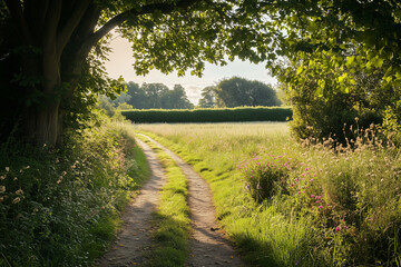 Obraz premium Charming Countryside Road Framed by Lush Hedgerows and Vibrant Wildflowers along a Serene Narrow Path