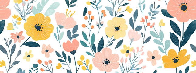 A vibrant floral pattern featuring various colorful flowers and leaves on a white background.
