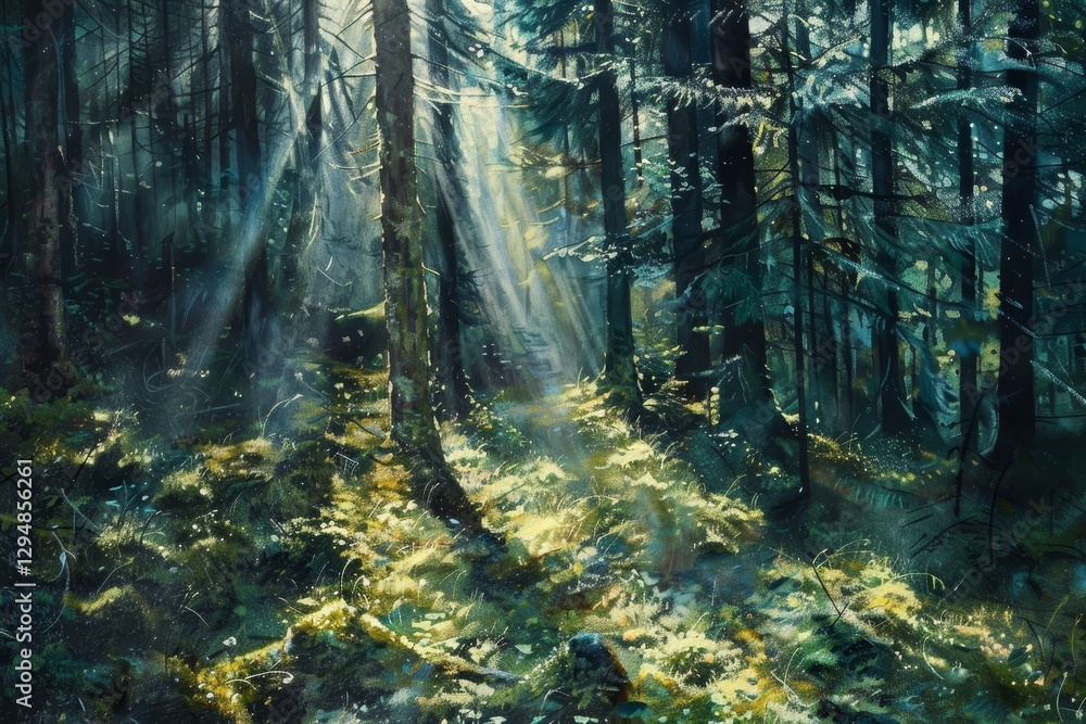Poster a misty forest scene with sunlight beams breaking through the trees at dawn, the first light of day 
