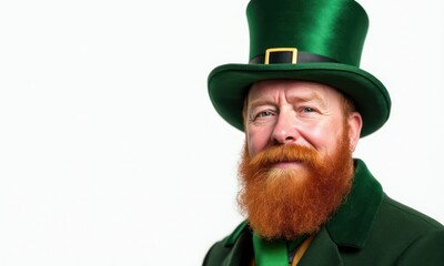 Smiling man with red beard and an Irish green hat is wearing a green coat on white background