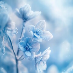 Delicate blue flowers in frost, soft focus.  Possible use Nature, spring, winter, macro photography