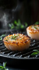 Scallops with sauce on black plate, closeup