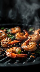 grilled shrimps with steam on black