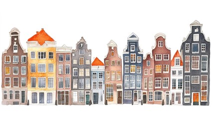 Naklejka premium Houses in Amsterdam, watercolor on white 