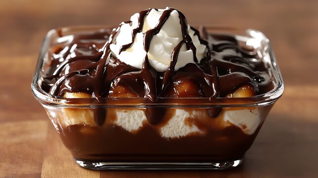 Square Dish of Chocolate Pudding on a Wooden Table / 木のテーブルに置いた角型のチョコレートプディングの器