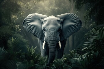 Majestic elephant in a dense jungle forest