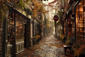Fototapeta premium A narrow alleyway lined with charming shops, illuminated by soft sunlight and autumn foliage, Draw a cozy, cobblestone alleyway lined with quaint shops and cafes
