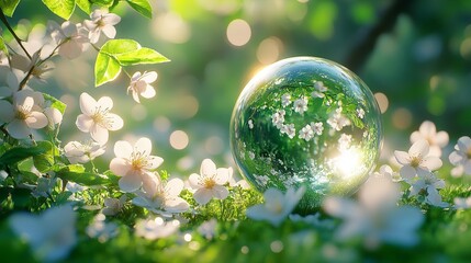 Reflective Glass Orb with Cherry Blossoms
