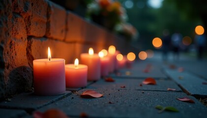 Soft candlelight casts a warm glow on a memorial, quiet contemplation, gentle light, somber tone