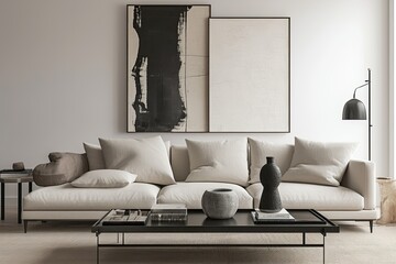 Minimalist living room interior design, neutral palette, abstract art, coffee table