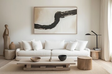 Minimalist living room interior design, neutral palette, abstract art, natural light
