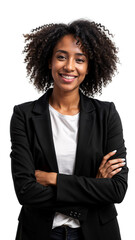 Confident Black Woman Curly Hair Black Blazer White Shirt Standing Arms Crossed Transparent Background