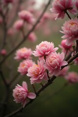 Obraz premium Soft petals of pink peony flowers on tree branches, spring, foliage, nature