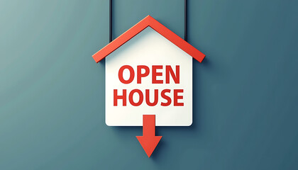 Open house sign with arrow against blue background