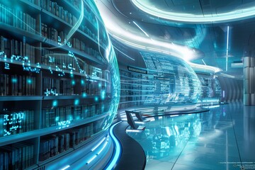Futuristic Library With Holographic Displays and Spiral Staircase, A futuristic library filled with holographic displays of knowledge