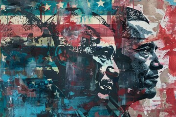 Fototapeta premium A Modern American Legacy: Profiles of Former Presidents Against a Distressed US Flag, Reflect on the legacy of past presidents and their impact on American society in a thought-provoking artwork