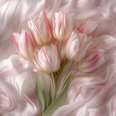 Delicate bouquet of pink and white tulips on soft, flowing fabric.