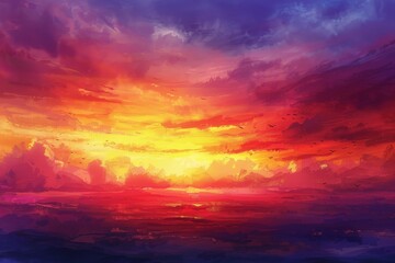Fototapeta premium A vibrant sunset paints the sky with hues of red, orange, and purple as birds fly overhead, Layers of color blending seamlessly in a harmonious sunset palette
