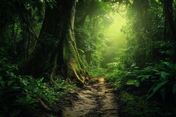 Obraz premium Lush Rainforest with Giant Trees, Entwined Vines, and a Serene, Meandering Muddy Trail for Adventurers