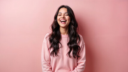 Fototapeta premium Latina Woman Laughing Pink Sweatshirt Pink Background