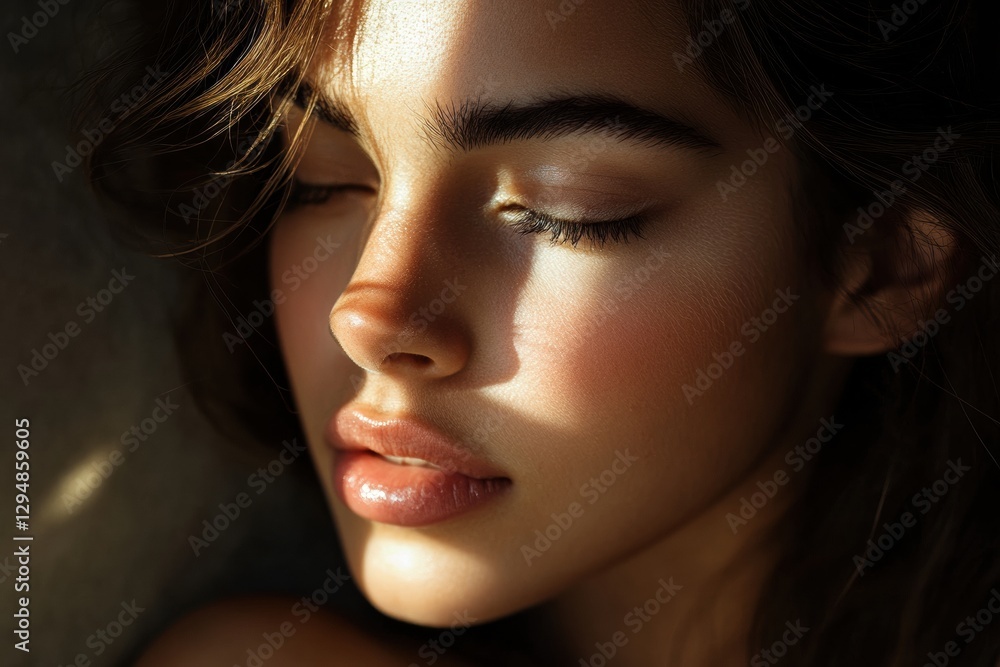 Poster captivating beauty portrait showcasing smooth skin with artistic lighting in a modern setting. gener
