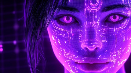 Close-up of a futuristic woman's face illuminated with neon lights and technology