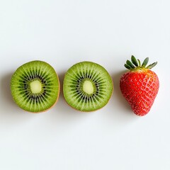 Two kiwi halves, strawberry, white background, food photography