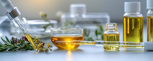 Analysis skincare through natural medicine and cosmetic research in dermatology shown in a high-quality photo a laboratory pipette with serum oil and cosmetics