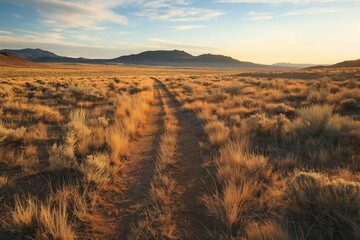 Stunning desert plateau showcasing dry earth, resilient sagebrush, and a rugged trail boldly leading onward