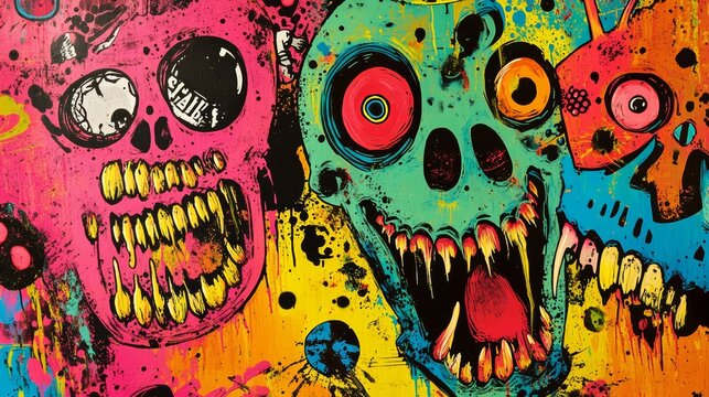 Vibrant post-apocalyptic skulls with abstract splatter and urban decay art