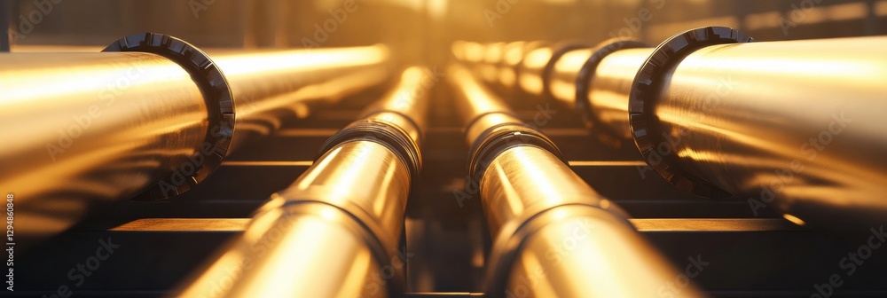 Poster long pipelines stretching toward the horizon under golden sunlight in an industrial setting with met