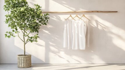 Minimalist fashion setup with eco-friendly white dresses and a potted plant