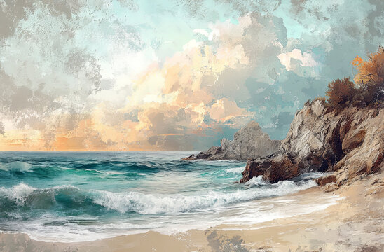 Impressionist Seascape with Waves Crashing Against Rocky Shore