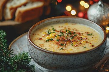 Bowl of soup topped with crispy bacon and melted cheese on a wooden table with a spoon