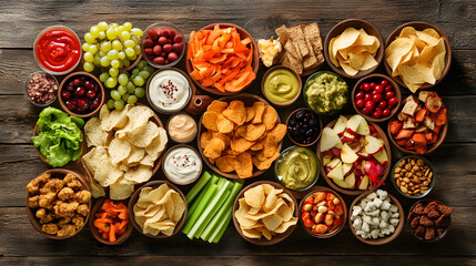 Fototapeta premium A delectable assortment of snacks including chips, veggies, fruits, and dipping sauces on a rustic table