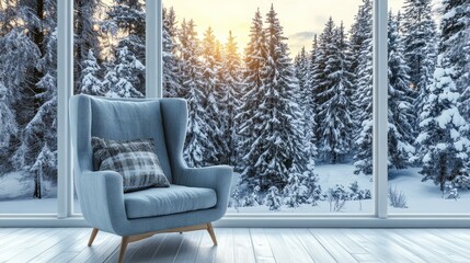 Fototapeta premium Winter Chalet Interior with Cozy Armchair Overlooking Snowy Forest Scenery