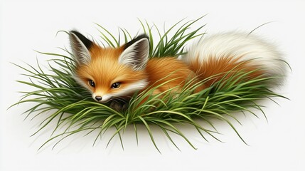 Obraz premium Cute fox kit in green grass, white background, nature illustration, children's book