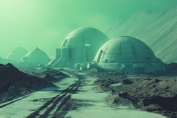Obraz premium Futuristic Space Colony with Domed Structures, Dust-Covered Surfaces, and Technological Isolation