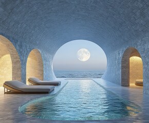 Minimalist 3D Indoor Pool with Ocean View and Full Moon at Night Serene Escape