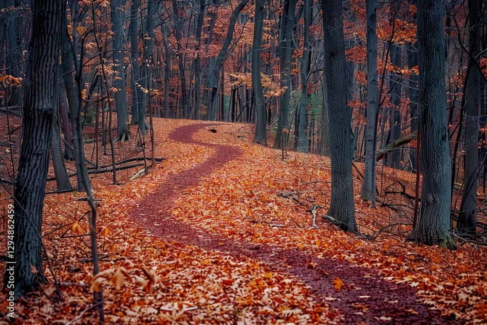 Poster a winding path through a forest covered in fallen leaves, a winding path through a forest covered in