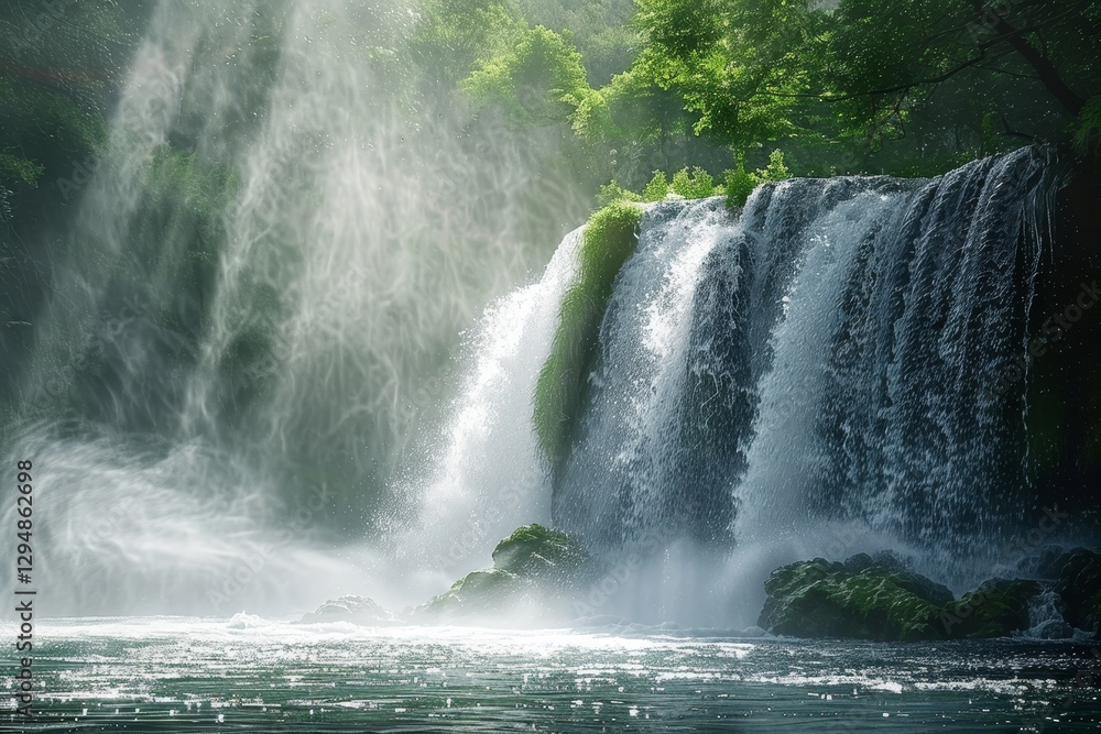 Aufkleber sunlight streams through the trees, creating a misty waterfall, a gentle breeze blowing mist from a 