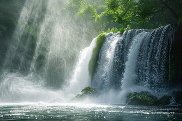 Sunlight streams through the trees, creating a misty waterfall, A gentle breeze blowing mist from a picturesque waterfall