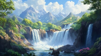 Fototapeta premium Serene Waterfall Landscape with Lush Greenery and Majestic Mountains