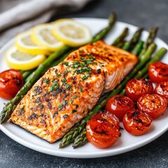 Grilled Salmon Fillet with Roasted Tomatoes and Asparagus
