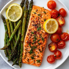 Grilled Salmon with Asparagus, Cherry Tomatoes, and Lemon on sides