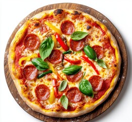 Freshly Baked Pepperoni Pizza with Basil and Peppers